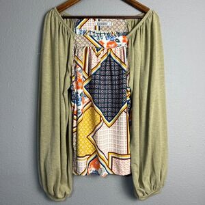 Gaudie Hippie Floral Mixed Media Patchwork Balloon‎ SL Square Neck Olive Green M
